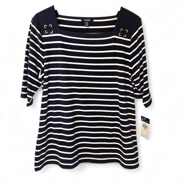 Chaps Womens Navy & White Striped Cotton Top  Square Neck XXL - Picture 1 of 11
